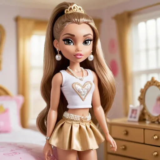 Prompt: Bratz girl, gold and white top and skirt, Long light brown hair in a ponytail, pearl earrings, sunlight, princess bedroom
