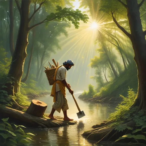 Prompt: "A humble Indian woodcutter walking through a dense, enchanted forest, with sunlight streaming through the trees, casting golden beams onto the lush green foliage, symbolizing hope and resilience."

"The woodcutter, dressed in simple clothes, leans over a sparkling river, looking at the rippling water as his axe slips from his hands, representing the fragility of life and moments of loss."