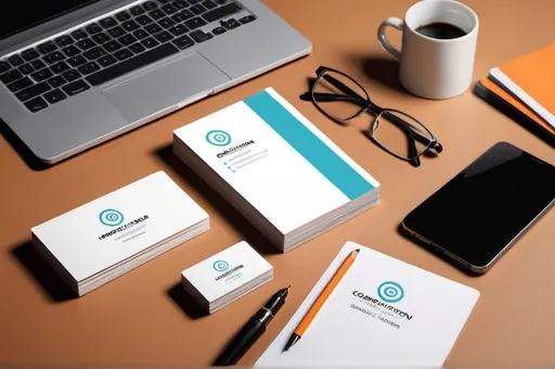 Prompt: Create a composition with various business card designs in various colors and styles, placed on a stylish desk with a computer and office accessories in the background.