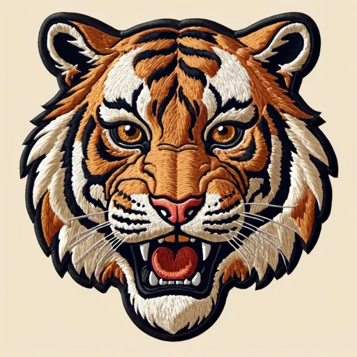 Prompt: Create a vintage tiger mascot head with a transparent background, use an embroidery effect
