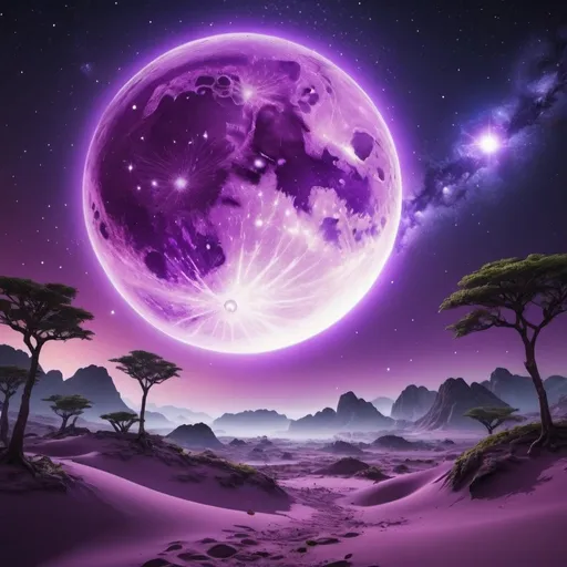 Prompt: Create a purple moon with a galaxy star light background on an exotic planet