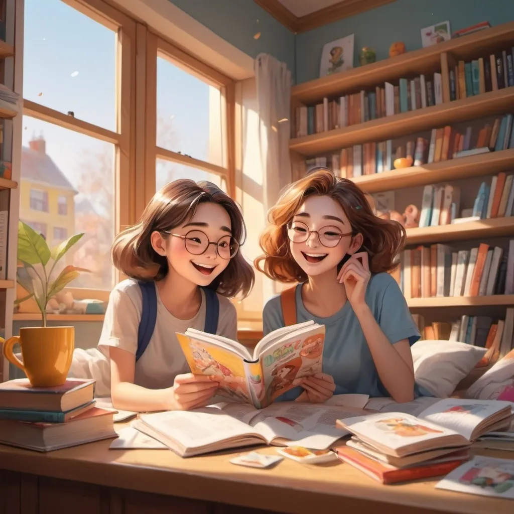 Prompt: 2 female students happily read cartoons
