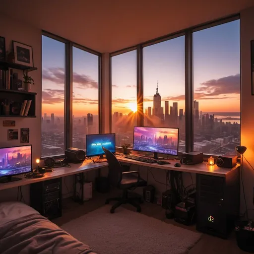 Prompt: a cosy room in the sunset with a gaming pc big window in a busy city skyline with lights outside
