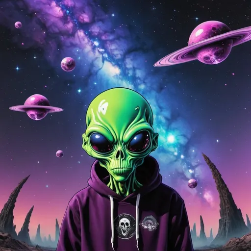 Prompt: trippy dripped out galaxy with gangsta alien in the foreground