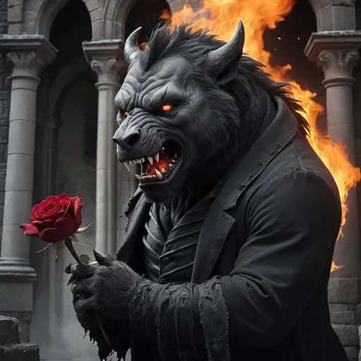 Prompt: black and gray beast in castle crying holding a burning rose