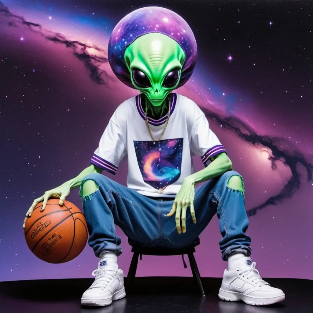 Prompt: trippy dripped out alien wearing a basketball jersey and baggy jeans with a beautiful galaxy behind him