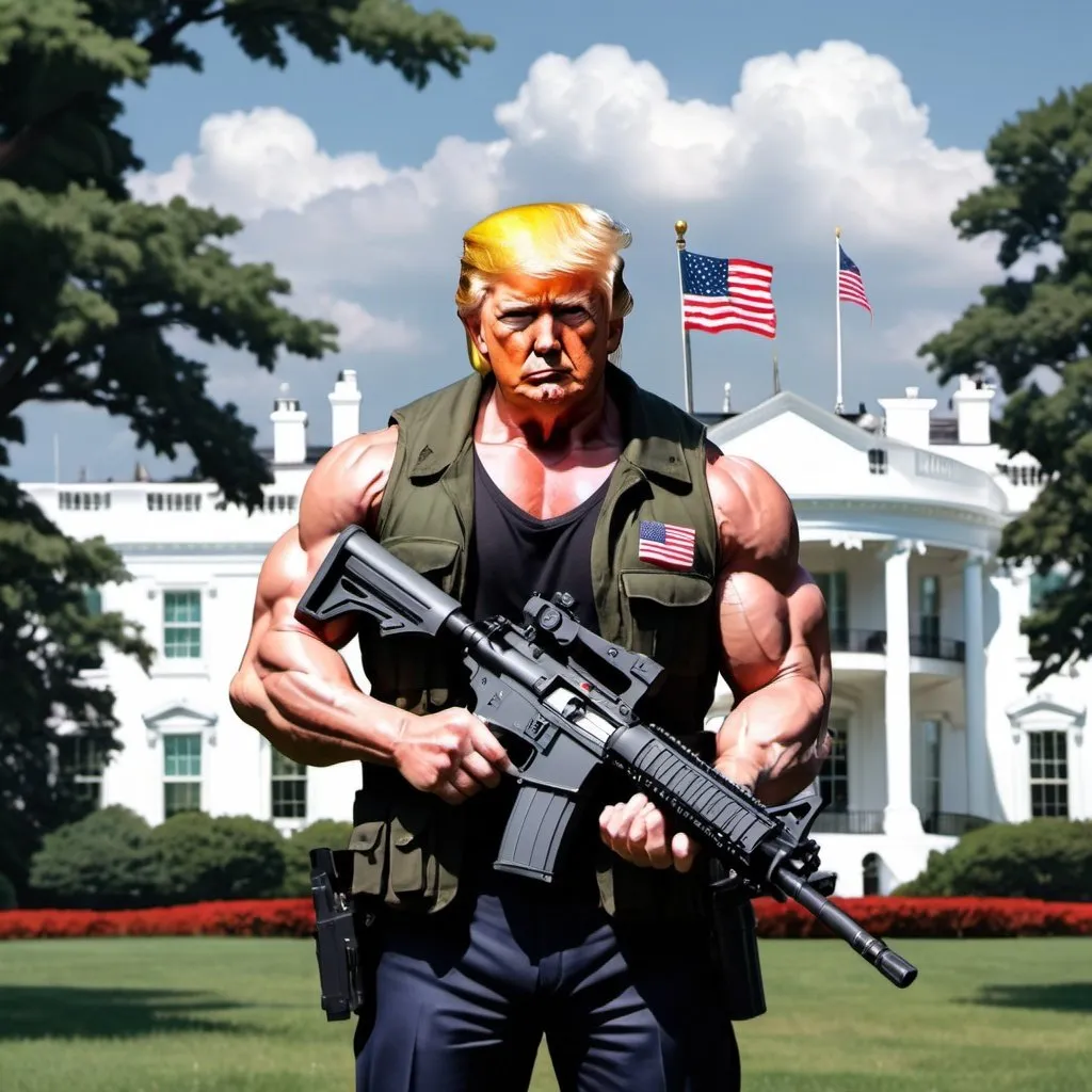 Prompt: Anime rambo donald trump standing infront of the white house holding an ar 15 and an american flag