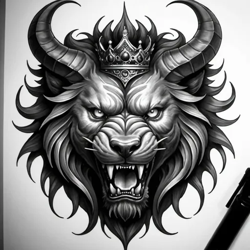 Prompt: black and gray beast transforming from a beast to a prince tattoo design