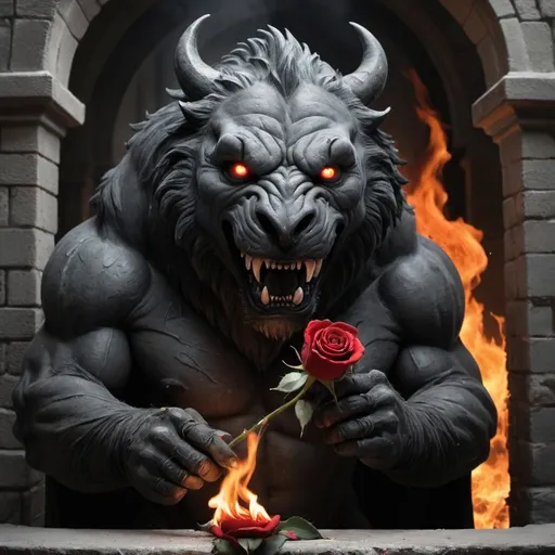 Prompt: black and gray beast in castle crying holding a burning rose