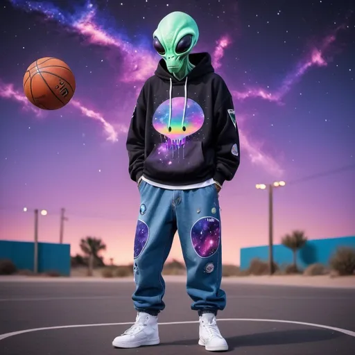 Prompt: trippy dripped out alien wearing a basketball jersey and baggy jeans with a beautiful galaxy behind him