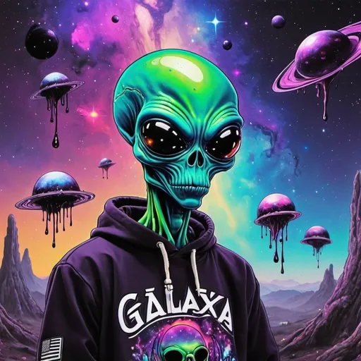 Prompt: trippy dripped out galaxy with gangsta alien in the foreground