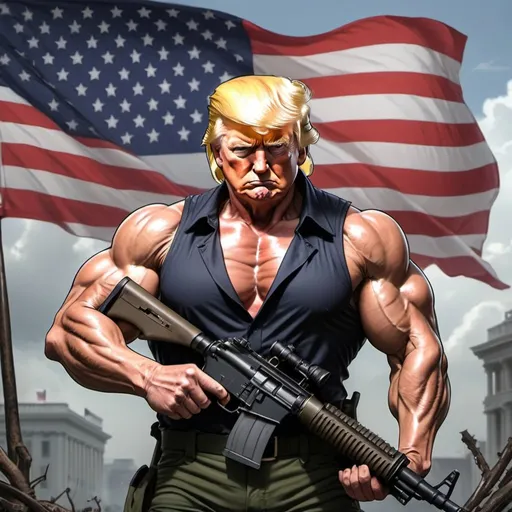 Prompt: Anime Donald Trump Rambo style holding the american flag