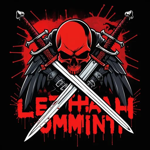 Prompt: big bold words that say LETHAL COMMUNITY, manga style, gothic, black and red, vintage, edgy, raven, skull, aggressive, graffiti, dark, 90's, knight, swords, battlefield, sharp, plain black background