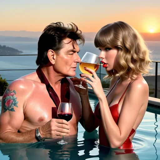 Prompt: Charlie Sheen and Taylor Swift together in billionaire pool in swimwear Taylor has flower in her hair and they are drinking wine as the sun sets and Seattle is in the background 