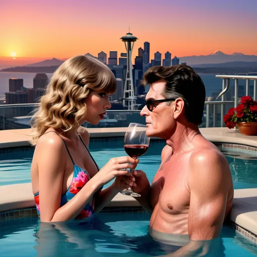 Prompt: Charlie Sheen and Taylor Swift together in billionaire pool in swimwear Taylor has flower in her hair and they are drinking wine as the sun sets and Seattle is in the background night background romantic 