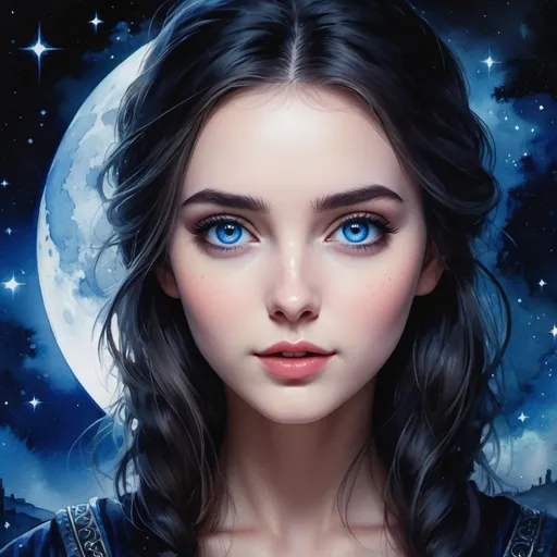 Prompt: mystical watercolor painting girl with deep blue eyes at mysticaldark deep dark night, full moon, stars, flow, watercolor, detailed matte painting, deep color, fantastical, intricate detail, splash screen, complementary colors, fantasy concept art, 8k resolution trending on Artstation Unreal Engine 5
