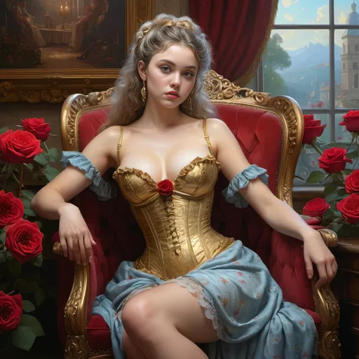 Prompt: beautiful girl Rococo-gold, gros seins,  (high detailed) in the chair of red roses with seins of figs fruit by Jean-Léon Gérôme, from 2011 film "The three musketeers", Insanely detailed full body portrait photography of a majestic beautiful fierce, WLOP, dynamic lighting, hyperdetailed, Intricately Detailed, Photorealism, Filmic, deep color, #film, 8K resolution ethereal fantasy hyperdetailed mist Thomas Kinkade