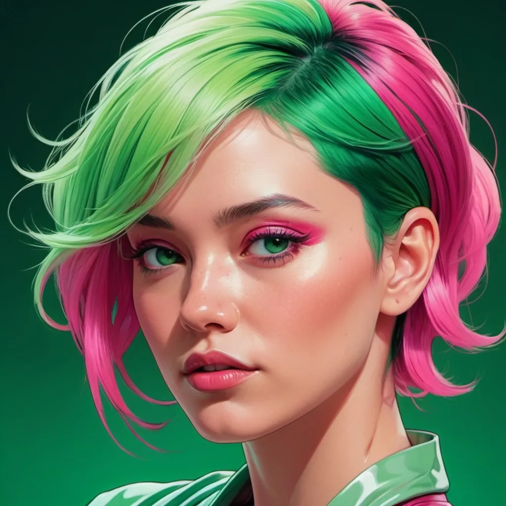 Prompt: <lora:eye:1.0> <lora:Kyoot:1.0> closeup colorful woman with colorful hair, in the style of martin ansin, light green and light emerald, akira toriyama, solarizing master, y2k aesthetic, dark pink and green, magali villeneuve