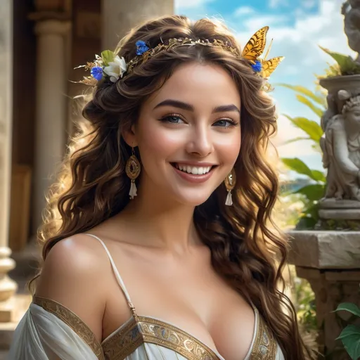 Prompt: panoramic drone shot of a well endowed martinique courtesan laughing, mouth open, big smile, set in antiquity, youthful perfect face, sensual face, sensual eyes, very long and intricate very curly brown hair, perfect proportions, Dior inspired ancient greek winter clothes:1.3) (in front of an antic greek house, with luminous sunlit translucent silk windblown ripple, opalescent color); dynamic expression, in-motion; Alma-Tadema, soft diffused light, detailed, character design art, Artstation, 8k, breathtaking and beautiful masterpiece heavenly sunshine beams divine bright soft focus holy in the clouds, perfect proportions :: flawless eyes :: by Carne Griffiths, Greg Olsen, by Jean-Léon Gérôme, Arthur Rackham style, by Carne_Griffiths, Jean Baptiste Monge, Michael Garmash, David LaChapelle, Olivia Bee, Herman, anime style, beautiful colorful detailed complex, ethereal fantasy hyperdetailed mist Thomas Kinkade