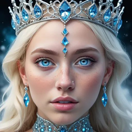 Prompt: pretty Ice Queen crown piercing blue crystal eyes, pretty freckled face reimagined as digital air brush, Intricate, Complex contrast, HDR, Sharp, soft Cinematic Volumetric lighting, stylized colours, wide long shot, perfect fantasy art masterpiece best