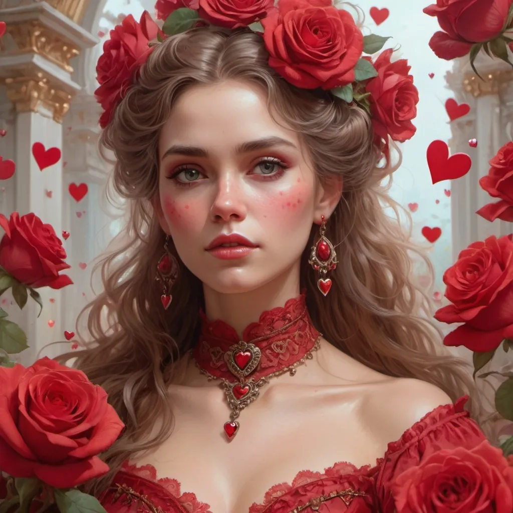 Prompt: <lora:NC Hyperreal:1.0> Closeup of a gorgeous woman, wearing red, surrounded by roses and red hearts, Rococo, Hyperdetailed, Delicate; Royo, Bagshaw, Chevrier, Lou Xaz, Ferri, Kaluta, Minguez, Mucha, Simon Dewey, WLOP, Greg Olsen, Artgerm. Cinematic, 8K