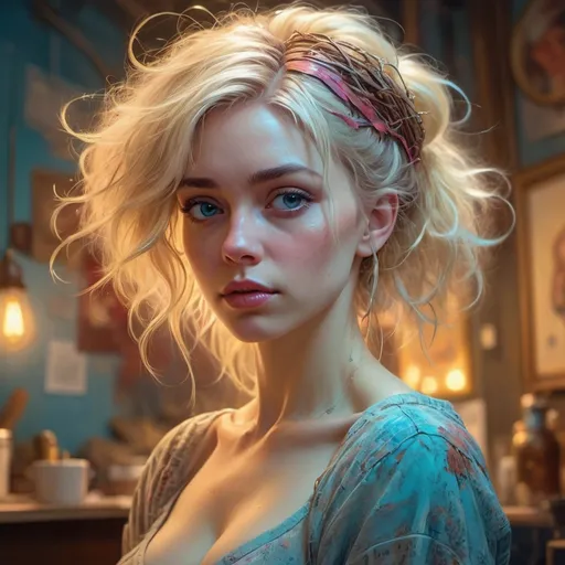 Prompt: Beautiful woman with blonde hair, Rococco hair, large bosoms, WLOP, Carne Griffiths, Pixar, Norman Rockwell, intricately detailed concept art, 3d digital art, bright colored background, cinematic, Reimagined by industrial light and magic, 8k processing", Lou Xaz