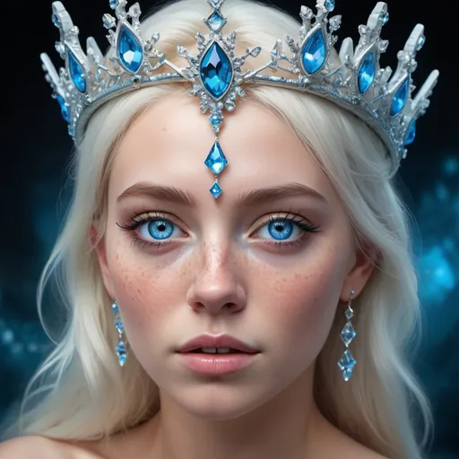 Prompt: "pretty Ice Queen crown piercing blue crystal eyes, pretty freckled face reimagined as digital air brush, Intricate, Complex contrast, HDR, Sharp, soft Cinematic Volumetric lighting, stylized colours, wide long shot, perfect fantasy art masterpiece best