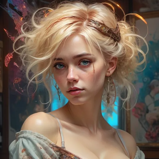 Prompt: Beautiful woman with blonde hair, Rococco hair, large bosoms, WLOP, Carne Griffiths, Pixar, Norman Rockwell, intricately detailed concept art, 3d digital art, bright colored background, cinematic, Reimagined by industrial light and magic, 8k processing", Lou Xaz