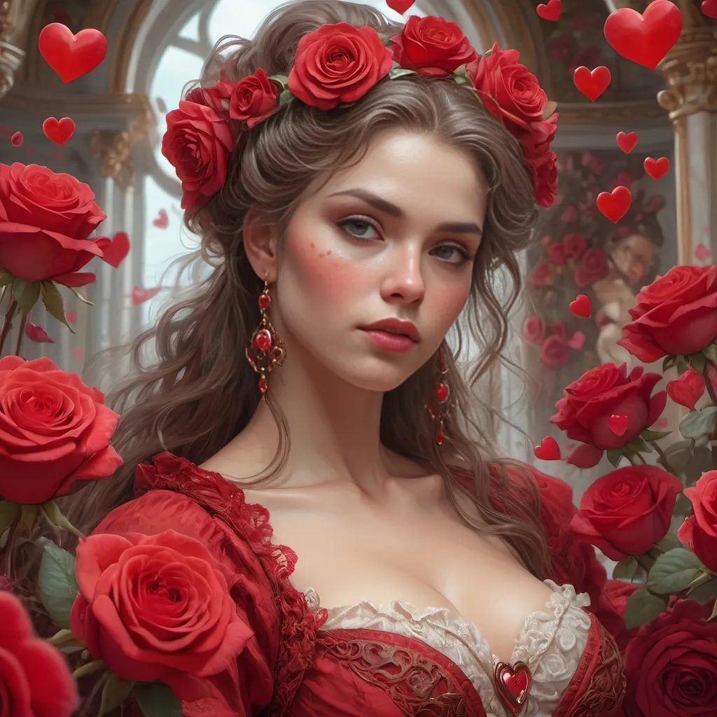 Prompt: <lora:NC Hyperreal:1.0> Closeup of a gorgeous woman, wearing red, surrounded by roses and red hearts, Rococo, Hyperdetailed, Delicate; Royo, Bagshaw, Chevrier, Lou Xaz, Ferri, Kaluta, Minguez, Mucha, Simon Dewey, WLOP, Greg Olsen, Artgerm. Cinematic, 8K
