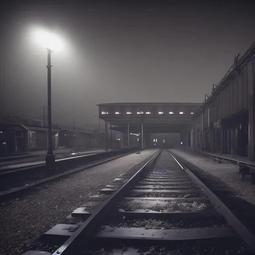 Prompt: Create a photograph featuring a desolate train station platform on a cold, dimly lit night. The platform should be empty, conveying a sense of solitude and introspection. Capture the platform under ambient, cold lighting, with minimal details but a distinct sense of isolation.