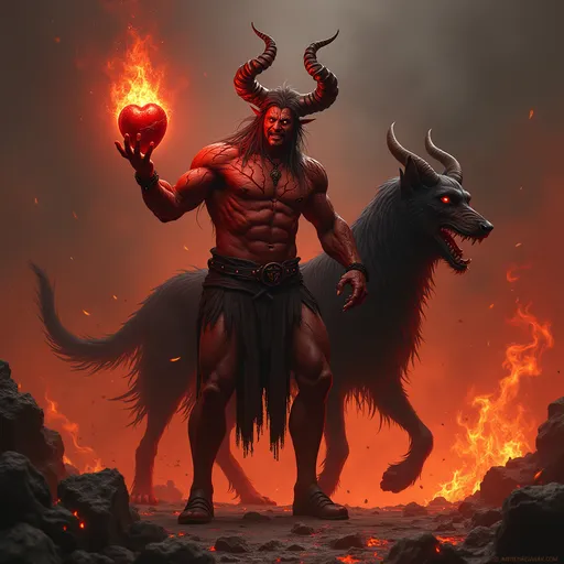 Prompt: Una pintura digital hiperrealista de fantasía oscura de un poderoso rey demoníaco de pie triunfante en el infierno. Tiene la piel roja oscura y agrietada, ojos ardientes brillantes, enormes cuernos y un cuerpo musculoso e intimidante. Sostiene un corazón aún latiendo y brillante en su mano derecha. Detrás de él está Cancerbero, el perro infernal de tres cabezas, con ojos en llamas y pelaje oscuro. El fondo muestra un paisaje infernal con lava fundida, llamas gigantes, almas torturadas retorciéndose en agonía y cenizas girando en el aire. Iluminación dramática, sombras cinematográficas, tonos rojo-naranja, sonrisa diabólica y una composición épica.
