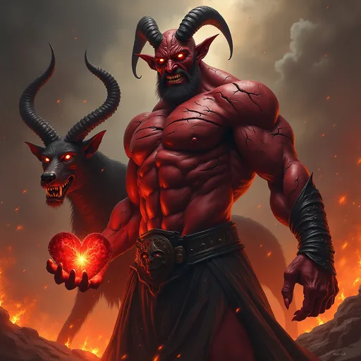 Prompt: Una pintura digital hiperrealista de fantasía oscura de un poderoso rey demoníaco de pie triunfante en el infierno. Tiene la piel roja oscura y agrietada, ojos ardientes brillantes, enormes cuernos y un cuerpo musculoso e intimidante. Sostiene un corazón aún latiendo y brillante en su mano derecha. Detrás de él está Cancerbero, el perro infernal de tres cabezas, con ojos en llamas y pelaje oscuro. El fondo muestra un paisaje infernal con lava fundida, llamas gigantes, almas torturadas retorciéndose en agonía y cenizas girando en el aire. Iluminación dramática, sombras cinematográficas, tonos rojo-naranja, sonrisa diabólica y una composición épica.
