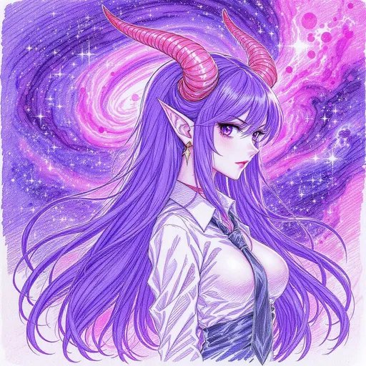 Prompt: sketch drawing to  a character adorned with long, flowing purple hair poses side-profile, her sharp, elongated ears and prominent red horns accentuating her otherworldly appearance. Deep purple eyes convey intensity as they focus off-screen, while her expression reflects a mix of determination and defiance. Clad in a crisp white shirt with a black tie, she exudes a blend of elegance and strength, set against a vibrant, cosmic background awash in hues of purple and pink, enhancing the mystical ambiance. The intricate details of her attire and the ethereal backdrop create a captivating visual narrative that draws the viewer into this enchanting scene.