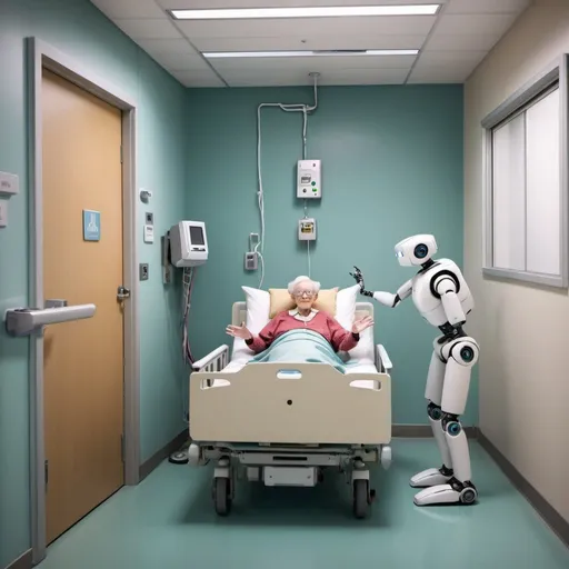 Prompt: an elderly person in a hospital bed with the door from the room being blocked by a small robot with its arms outstretched in a cartoon style