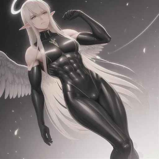 Prompt: High detailed,hyper realistic, male,elf ,ripped , hot-body,Full body, black bodysuit, shredded,
Stand straight, watch camera, halo, tall, thin, detailed face,
Angel wings,
Black hole on background,accreacion.