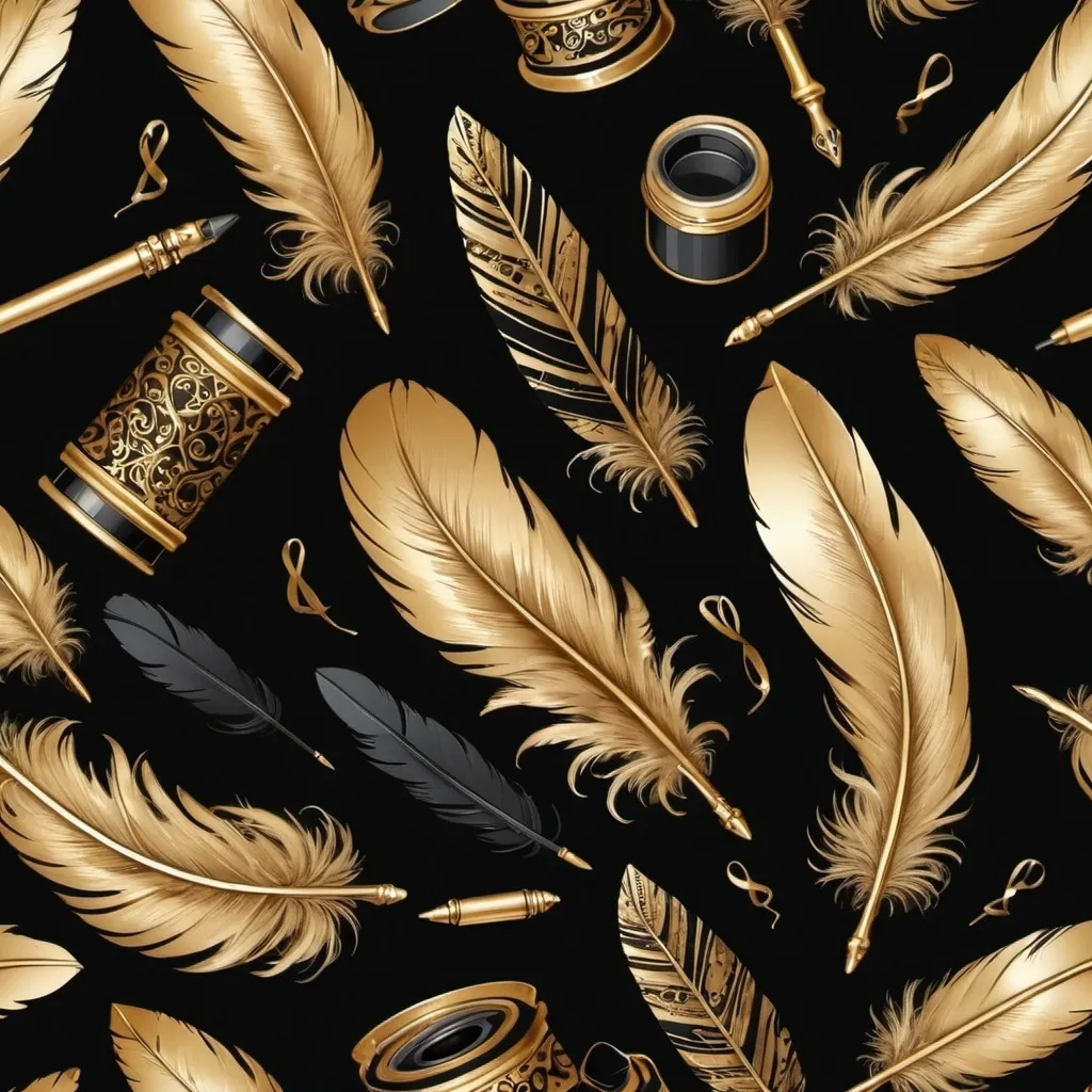 Prompt: ink, scroll, paper, and feather pen in seamless gold pattern