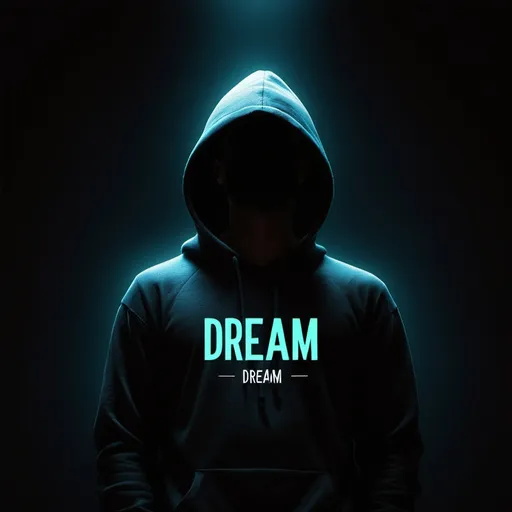 Prompt: Make a cool animated pic of a man standing in the dark with a hoodie and by the side written Dream