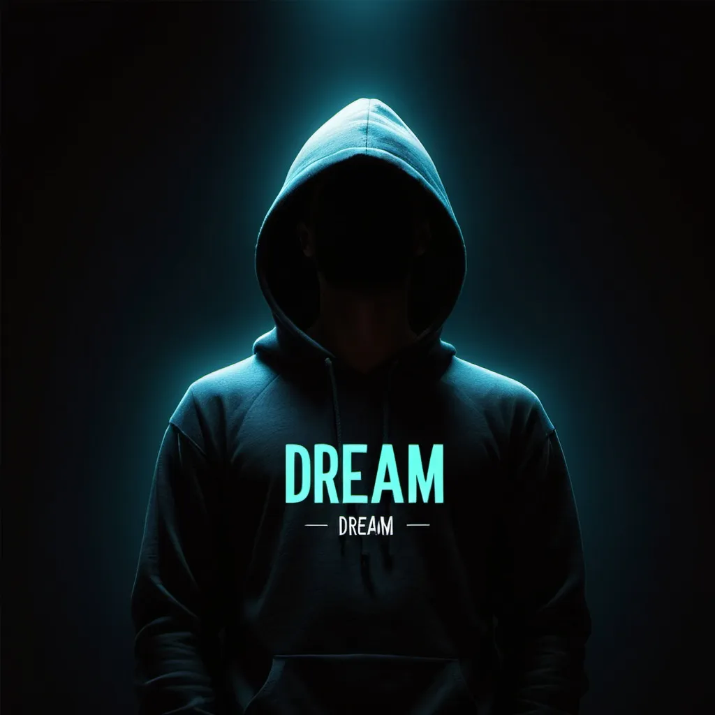 Prompt: Make a cool animated pic of a man standing in the dark with a hoodie and by the side written Dream