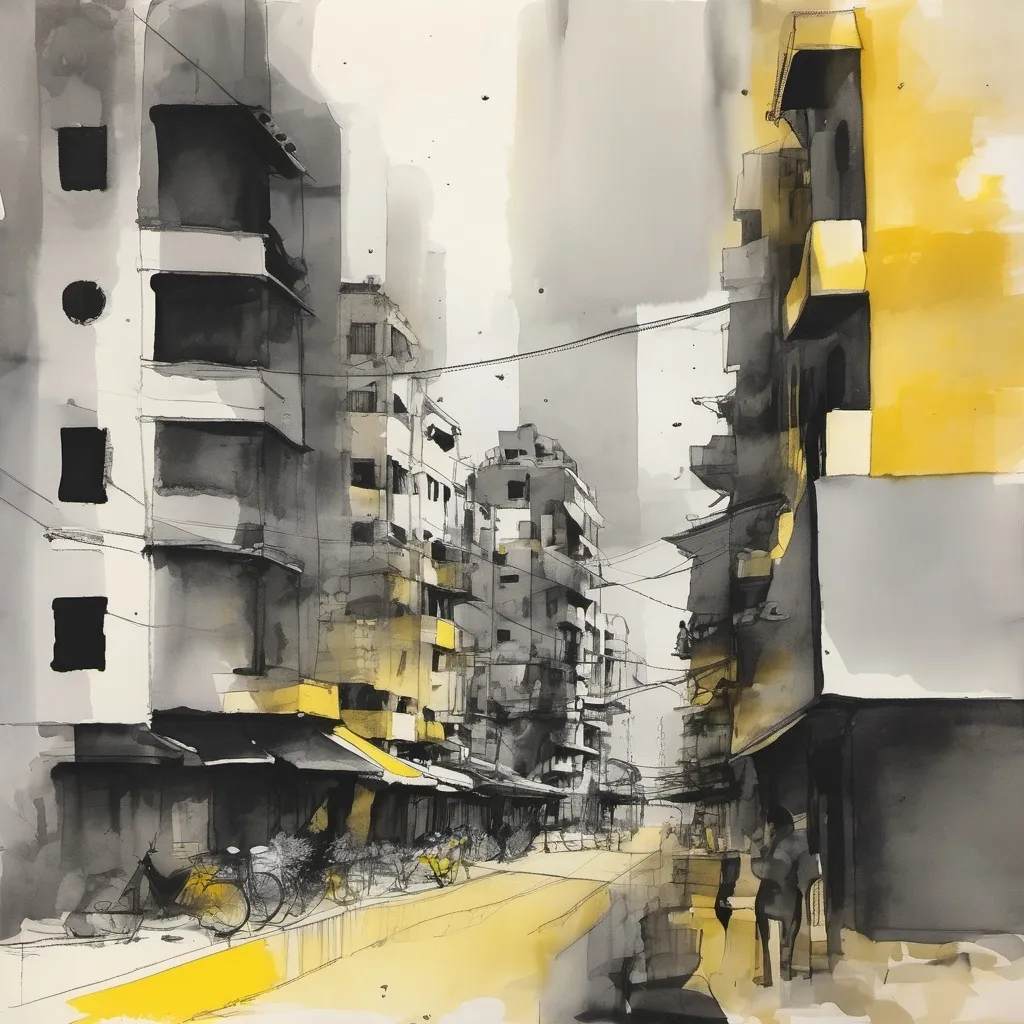 Prompt: Tel Aviv city in shades of gray and yellow, ink and wash  on paper,