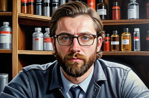 Prompt: 35-year-old Welsh man with medium long brown hair and a beard, wearing glasses for vision correction, police brand VPL 957 col 145 HIGHWAY 13, realistic oil painting, detailed facial features, warm lighting, high quality, realistic, brown hair, beard, glasses, Welsh, medium long hair, detailed facial features, professional, warm lighting, oil painting