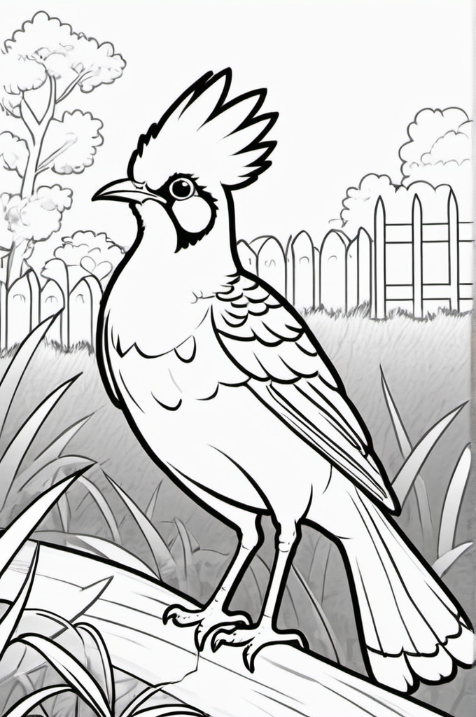 Prompt: Create a simple, bold line drawing for a children's coloring book featuring a cute hoopoes playing in the farm. Ensure the drawing has clear outlines and large spaces for coloring.