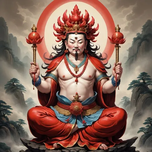 Prompt: A Chinese protector god, wearing a cross vajra crown, with a majestic and angry expression, red skin, red hair standing upright, with three arms on each side; each of the six hands holds a law enforcement weapon; the first one holds a rosary on the left, and the second right hand Holding lotus. The left hand holds the bow, the right hand holds the arrow; the third hand holds the vajra bell in the lower left hand, and the vajra pestle in the upper right hand. His whole body was radiating red light, and he was sitting on a thousand-leaf lotus nectar bottle.