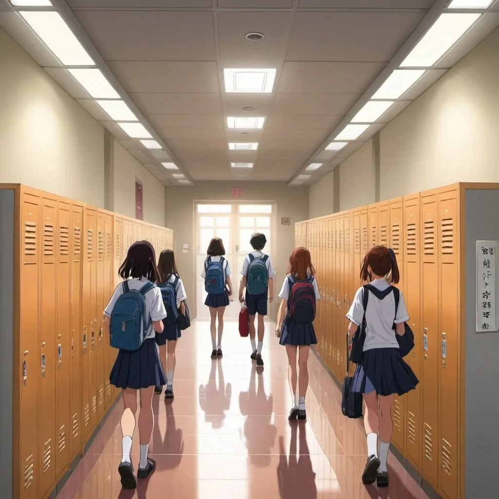 Prompt: An anime scene school hallway with lockers and bustling students