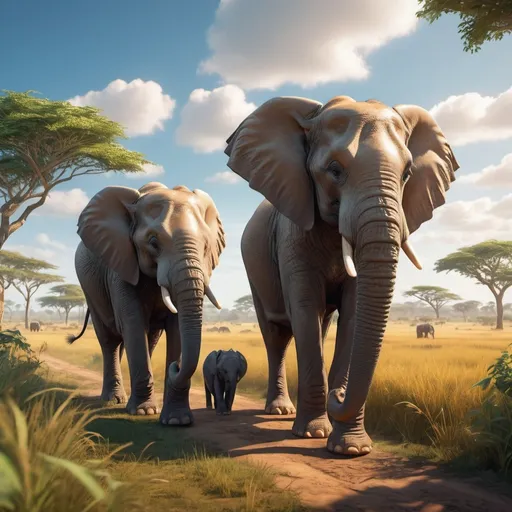 Prompt: Uma aventura na planicie dos elefantes, realism style, warm color scheme, golden sunlight casting long shadows, lush greenery, elephants roaming freely, detailed textures of elephant skin, adventurers exploring the plains, clear blue sky with soft clouds, high detail rendering, vibrant hues, lively and adventurous atmosphere, photorealistic, 4K, ultra-detailed, cinematic depth, breathtaking vista, immersive experience.