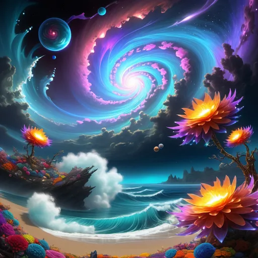 Prompt: mandelbrot, (mystical bright crystalline starry night sky), scattered flower-shaped planets floating, (giant stormy hurricane), glowing ocean in foreground, (stormy winds) emitting long sparkling trails, (prismatic neon light), large galaxies, glowing crystalline butterflies with bright shimmering wings, sparkly hearts, ultra-detailed, vibrant colors, cinematic atmosphere, enchanting ambiance, imaginative fantasy setting, high quality 4K, dreamy and captivating.