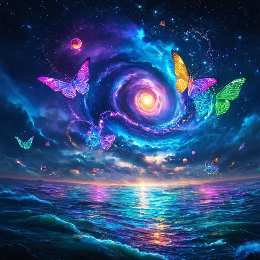 Prompt: mandelbrot style, (mystical bright crystalline starry day sky), scattered flower-shaped planets floating, (giant stormy hurricane), massive glowing ocean in foreground, (stormy winds) emitting long sparkling trails, (prismatic neon light), large galaxies, glowing crystalline butterflies with bright shimmering wings, mandelbrot sparkly hearts, ultra-detailed, vibrant colors, cinematic atmosphere, enchanting ambiance, imaginative fantasy setting, high quality 4K, dreamy and captivating.