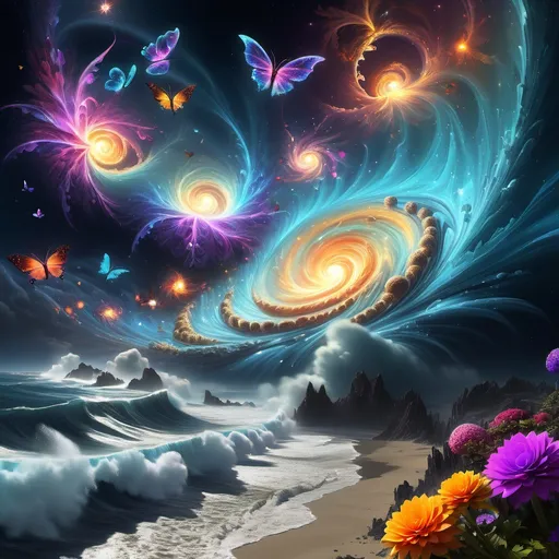 Prompt: mandelbrot, (mystical bright crystalline starry night sky), scattered flower-shaped planets floating, (giant stormy hurricane), glowing ocean in foreground, (stormy winds) emitting long sparkling trails, (prismatic neon light), large galaxies, glowing crystalline butterflies with bright shimmering wings, sparkly hearts, ultra-detailed, vibrant colors, cinematic atmosphere, enchanting ambiance, imaginative fantasy setting, high quality 4K, dreamy and captivating.