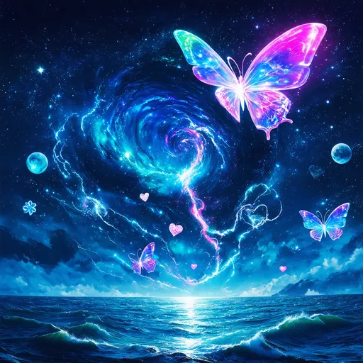 Prompt: highly detailed, mystical bright crystalline starry night sky in background, scattered flower-shaped planets floating, giant stormy hurricane glowing with giant ocean in foreground, stormy winds emitting long sparkling trails of prismatic neon light surround everything, large galaxies floating, glowing crystalline butterflies with bright shimmering neon edged wings, mandelbrot sparkly hearts