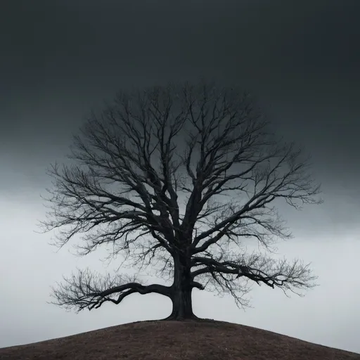 Prompt: A single dark misterious tree on a hill 
No leaves