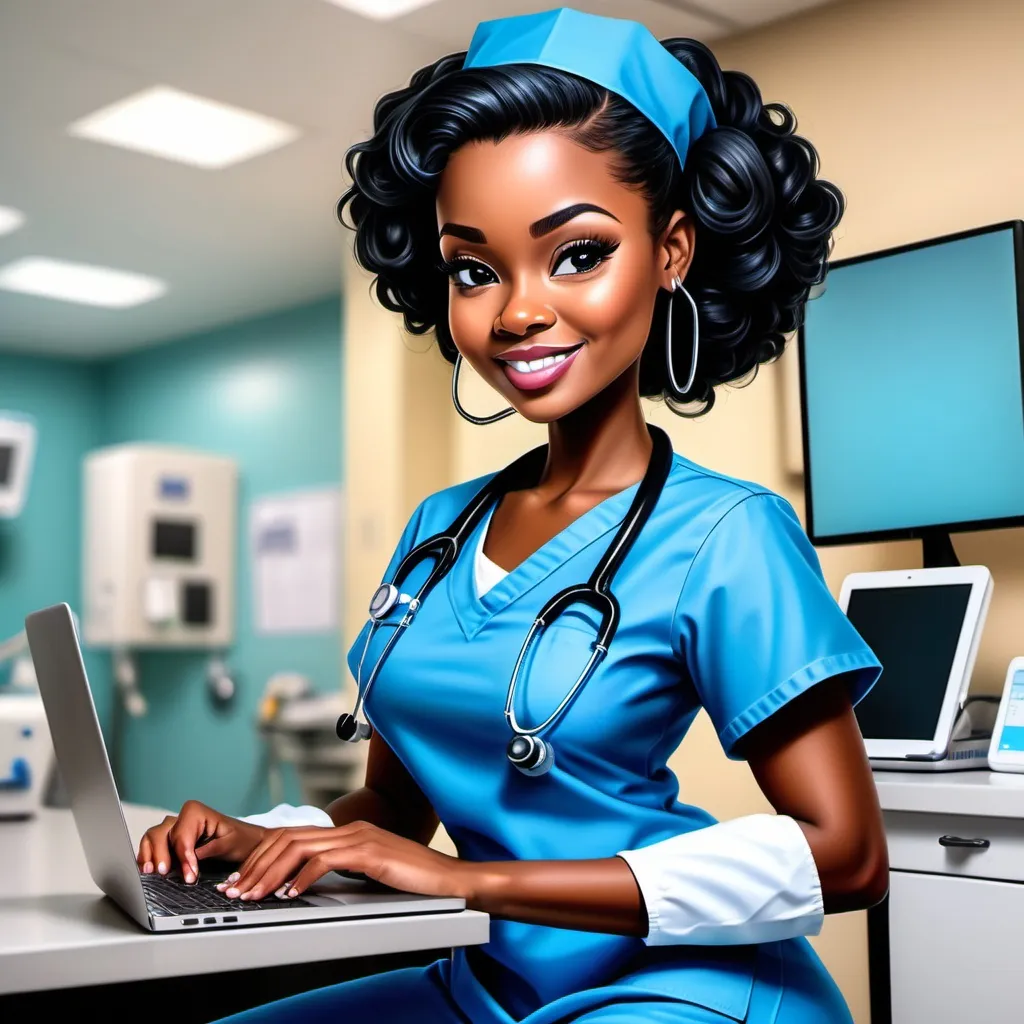 Prompt: create an airbrush cartoon of a beautiful black nurse with blue scrubs on at the hospital with her laptop